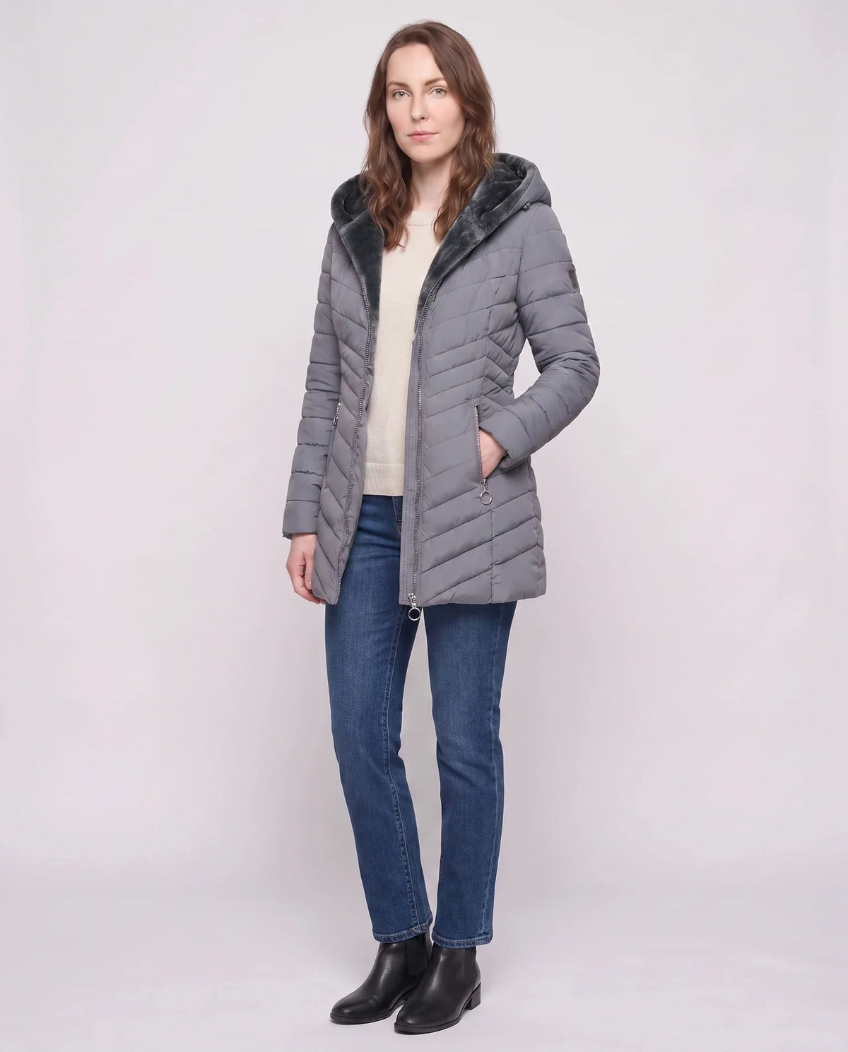 Mid-Length Fleece-Lined Puffer Jacket with Hood