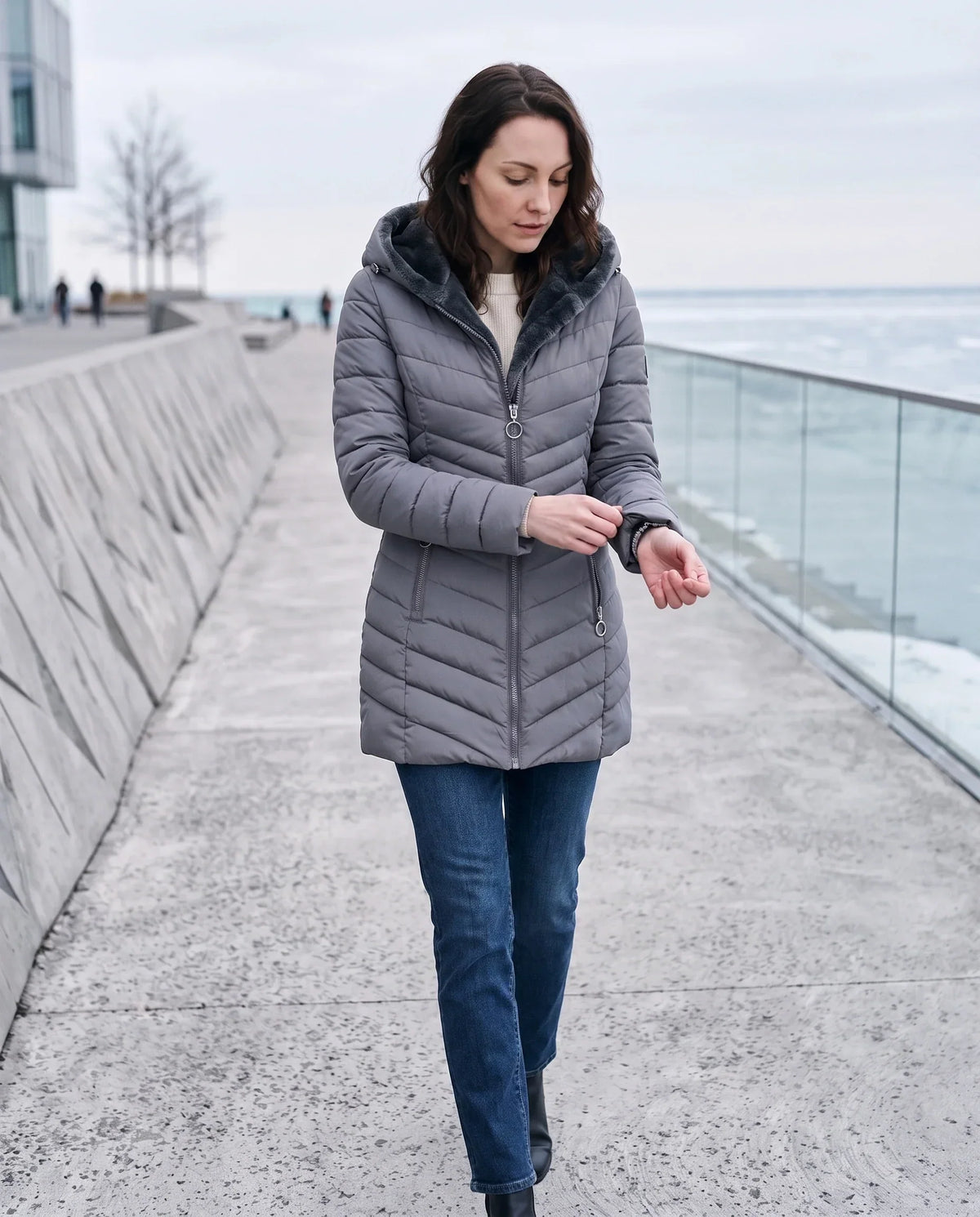 Mid-Length Fleece-Lined Puffer Jacket with Hood