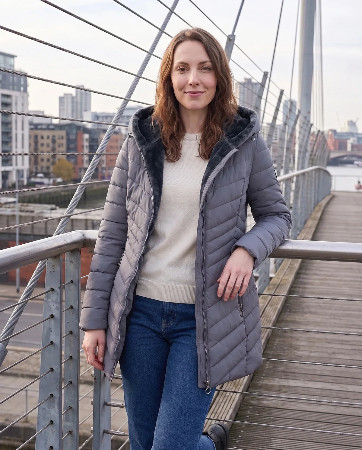Mid-Length Fleece-Lined Puffer Jacket with Hood