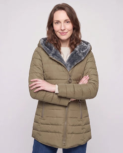 Mid-Length Fleece-Lined Puffer Jacket with Hood