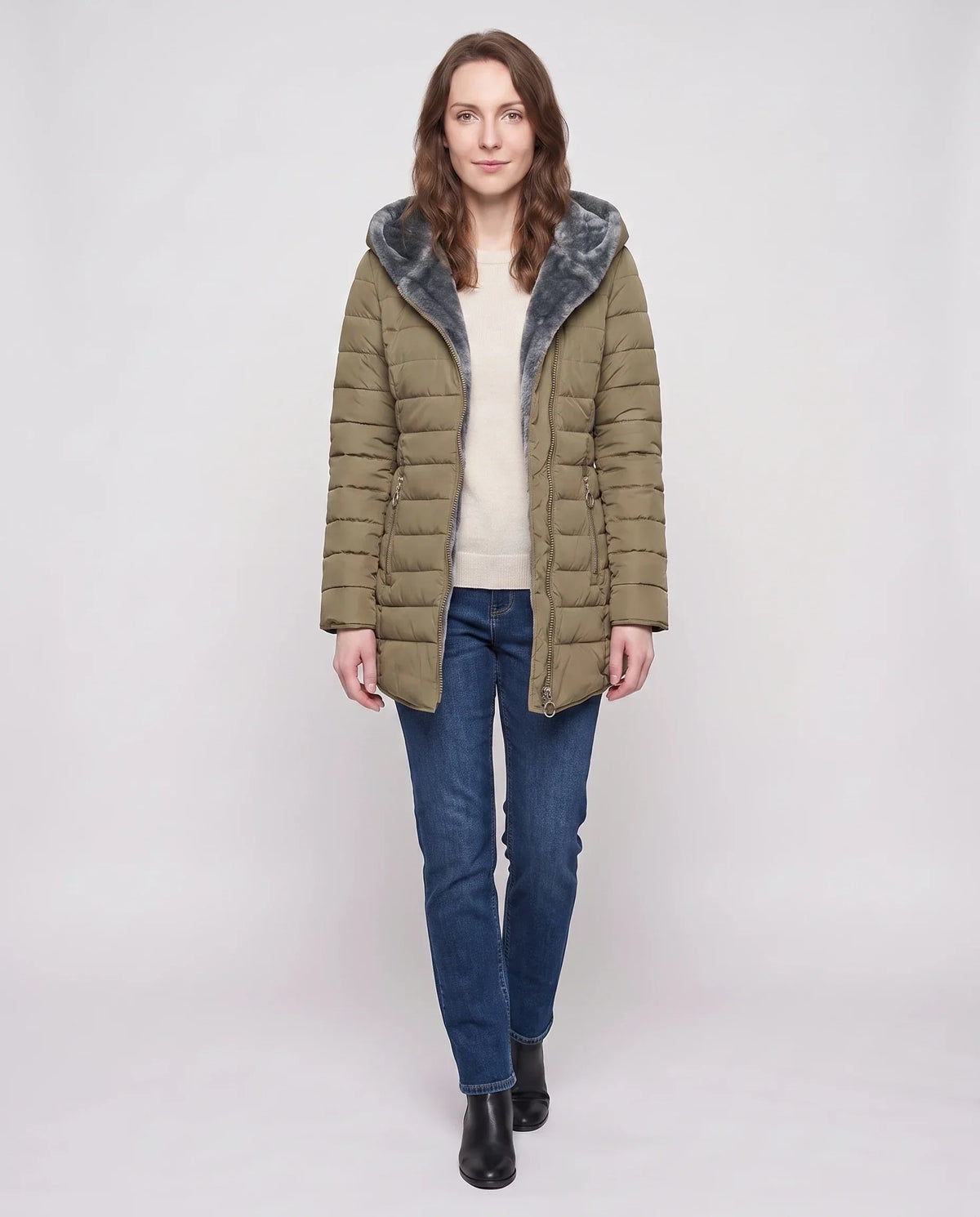 Mid-Length Fleece-Lined Puffer Jacket with Hood