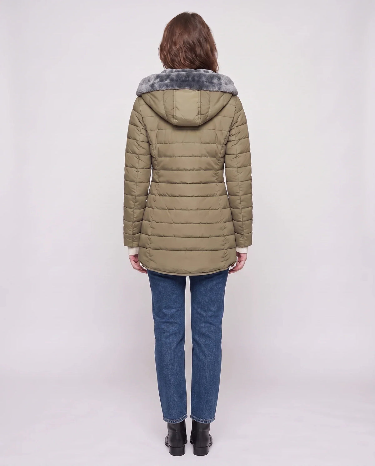 Mid-Length Fleece-Lined Puffer Jacket with Hood