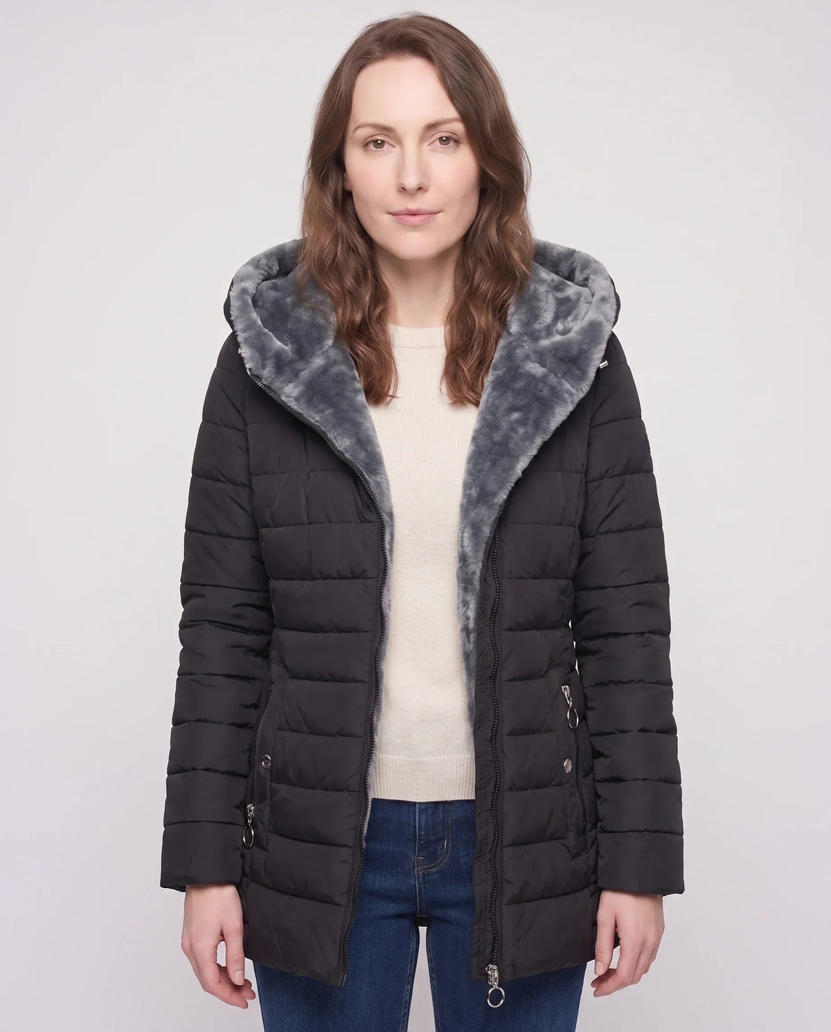 Mid-Length Fleece-Lined Puffer Jacket with Hood