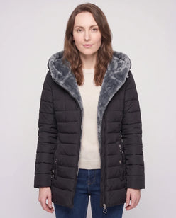 Mid-Length Fleece-Lined Puffer Jacket with Hood