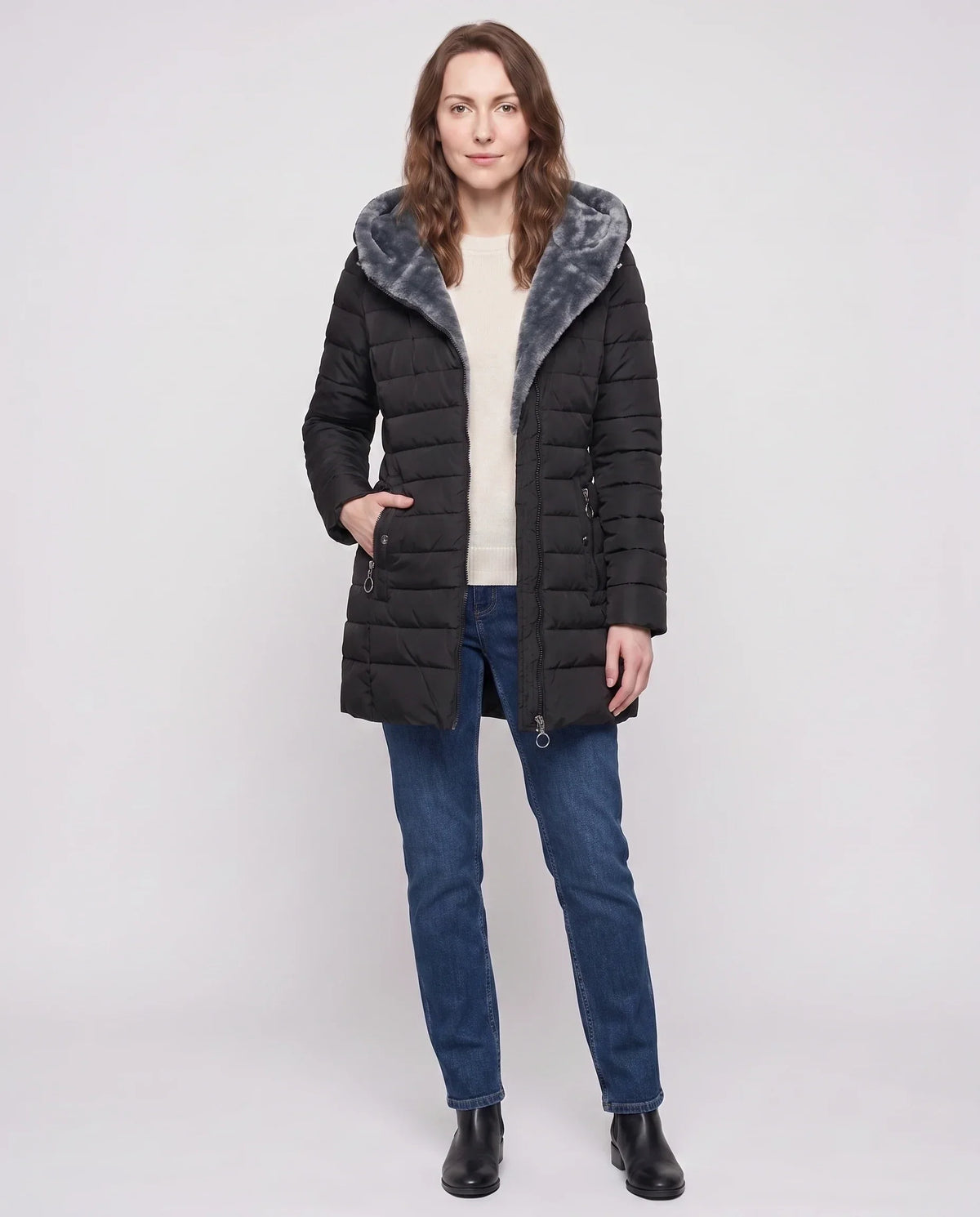 Mid-Length Fleece-Lined Puffer Jacket with Hood