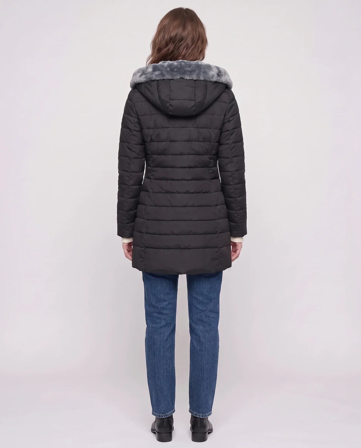 Mid-Length Fleece-Lined Puffer Jacket with Hood