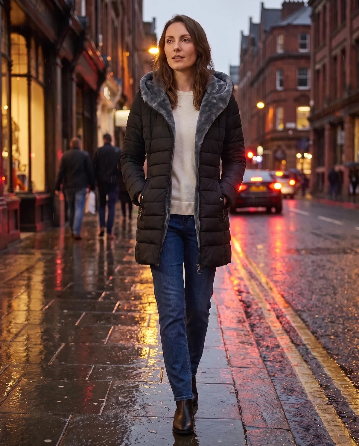 Mid-Length Fleece-Lined Puffer Jacket with Hood
