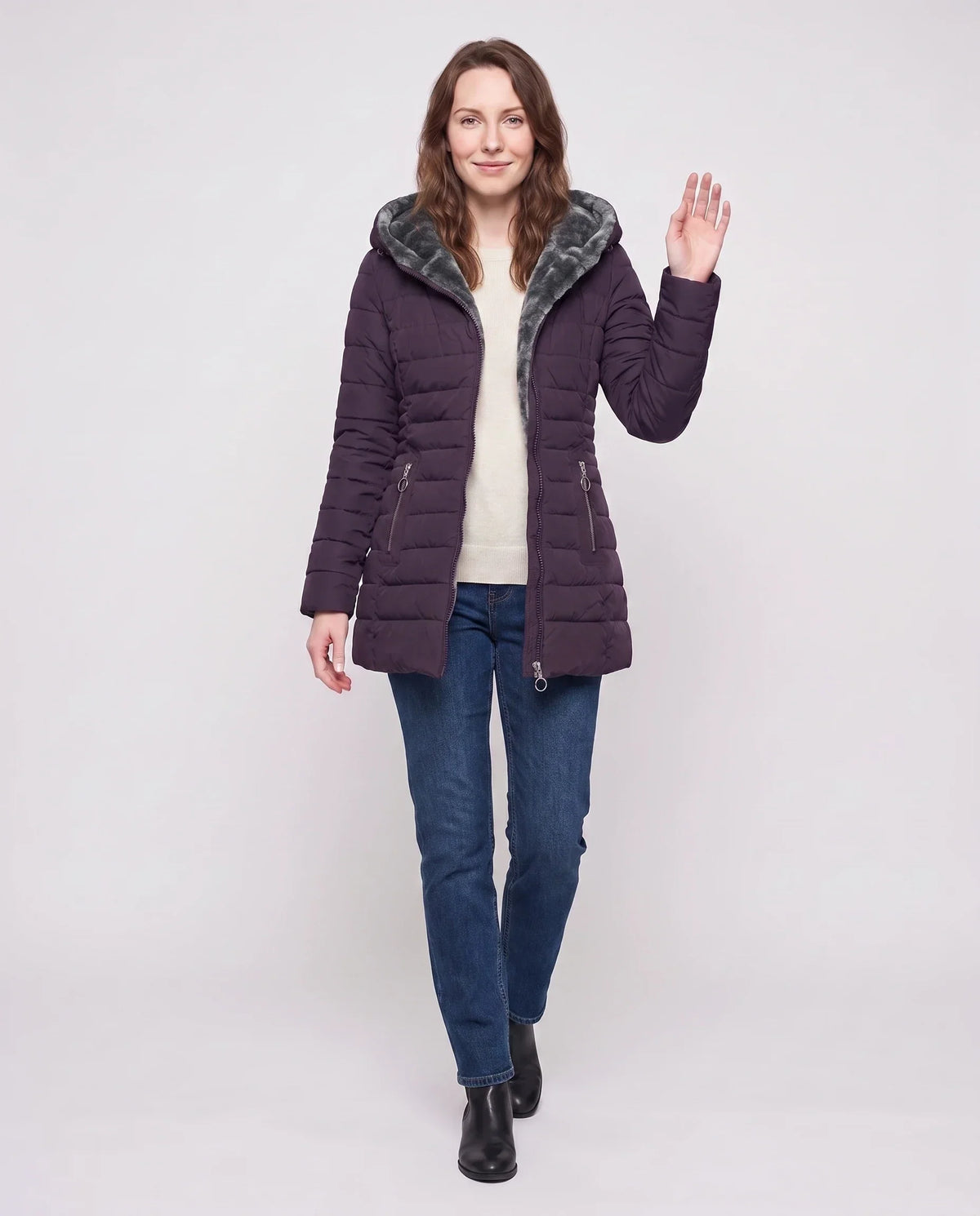 Mid-Length Fleece-Lined Puffer Jacket with Hood
