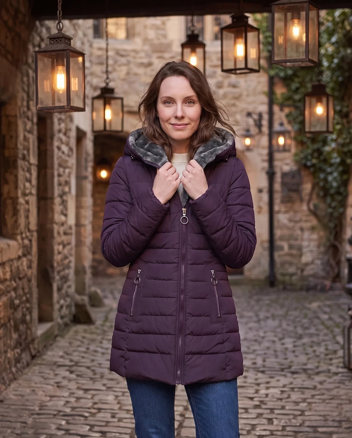 Mid-Length Fleece-Lined Puffer Jacket with Hood