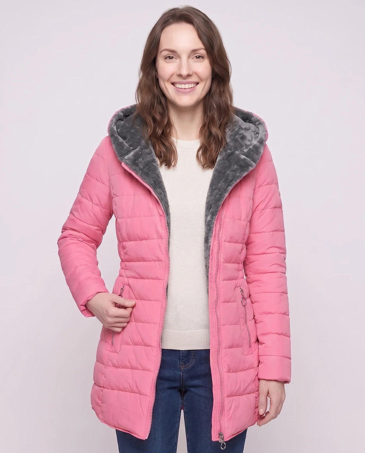 Mid-Length Fleece-Lined Puffer Jacket with Hood