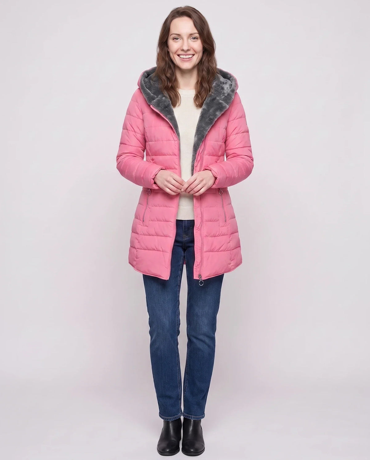 Mid-Length Fleece-Lined Puffer Jacket with Hood
