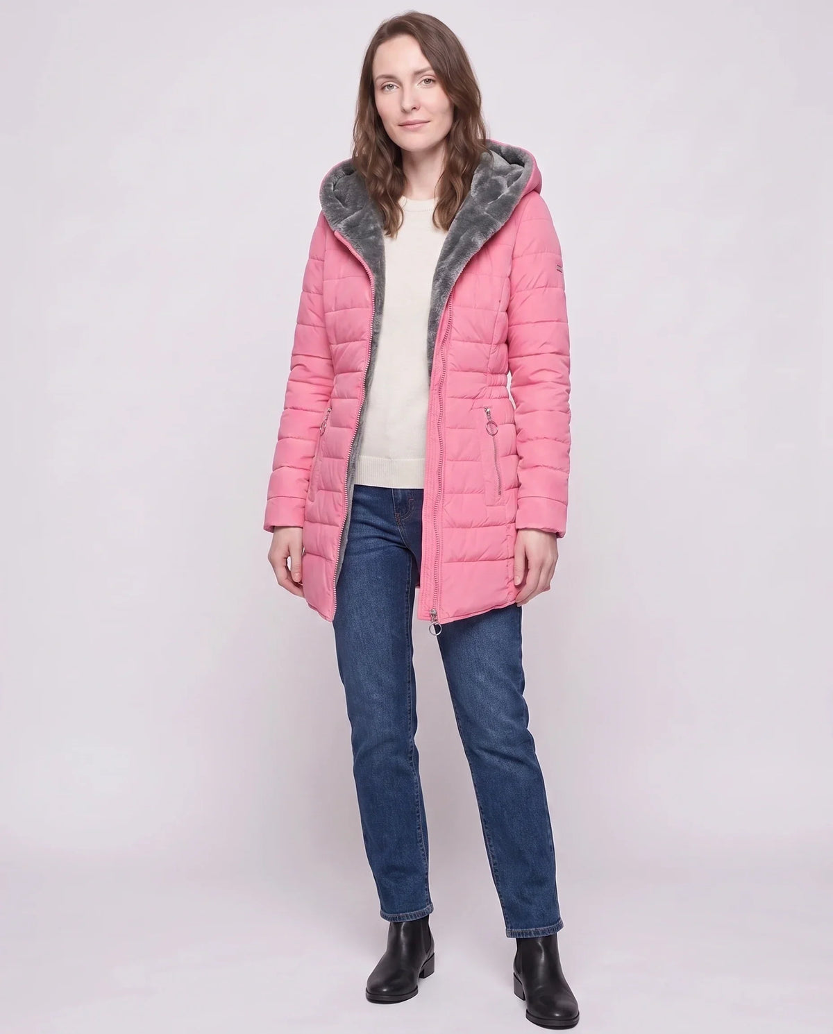 Mid-Length Fleece-Lined Puffer Jacket with Hood