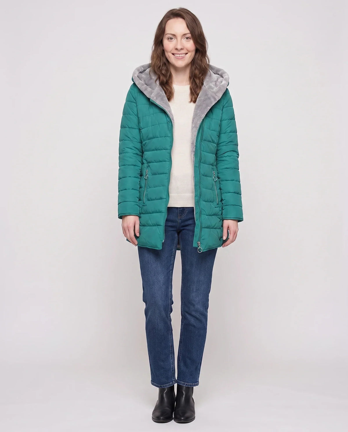 Mid-Length Fleece-Lined Puffer Jacket with Hood