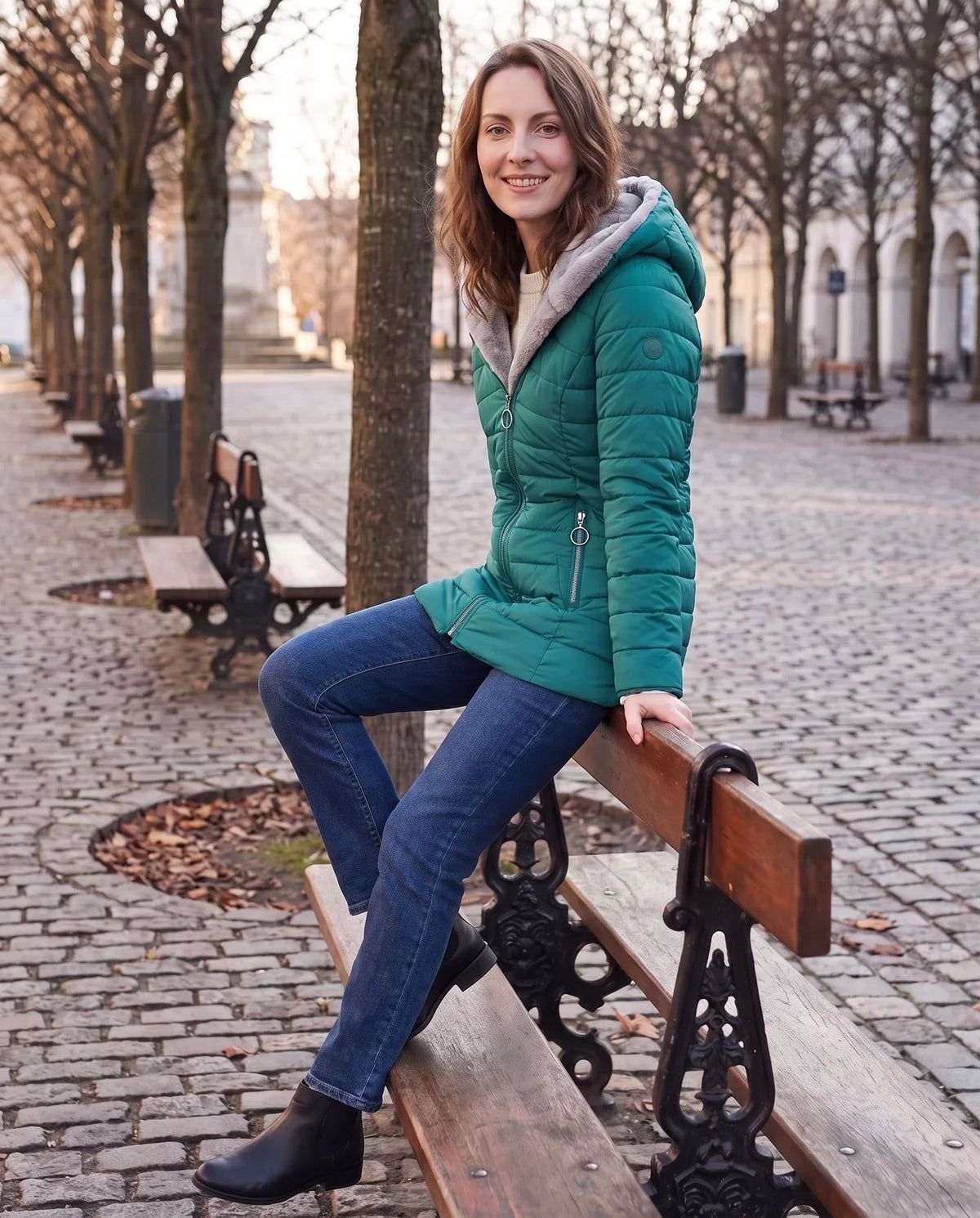 Mid-Length Fleece-Lined Puffer Jacket with Hood