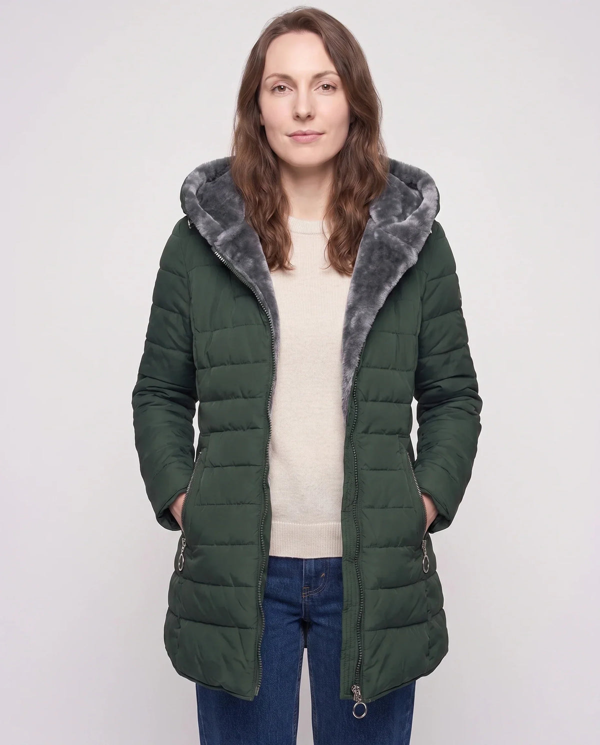 Mid-Length Fleece-Lined Puffer Jacket with Hood
