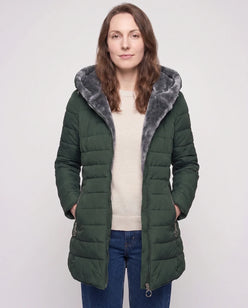 Mid-Length Fleece-Lined Puffer Jacket with Hood