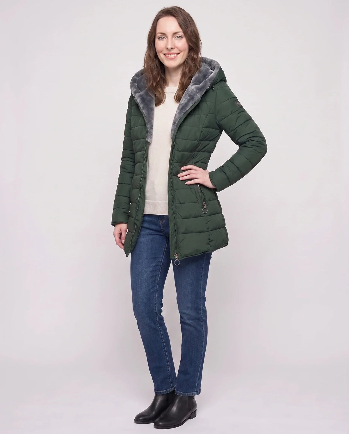 Mid-Length Fleece-Lined Puffer Jacket with Hood