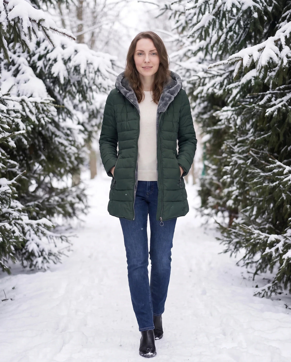 Mid-Length Fleece-Lined Puffer Jacket with Hood