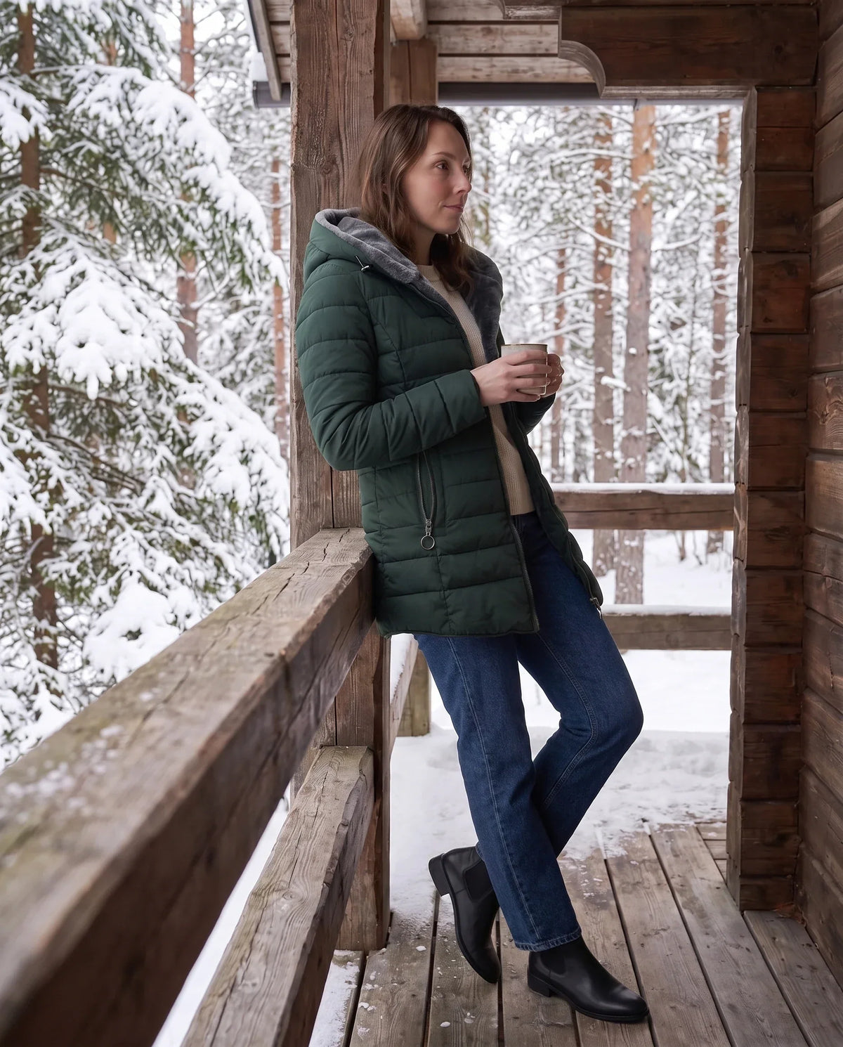 Mid-Length Fleece-Lined Puffer Jacket with Hood