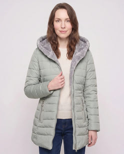 Mid-Length Fleece-Lined Puffer Jacket with Hood