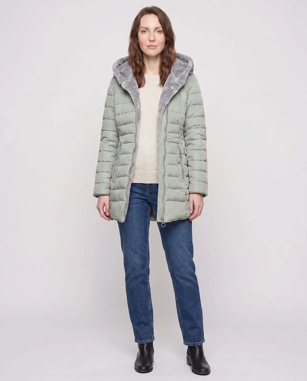 Mid-Length Fleece-Lined Puffer Jacket with Hood