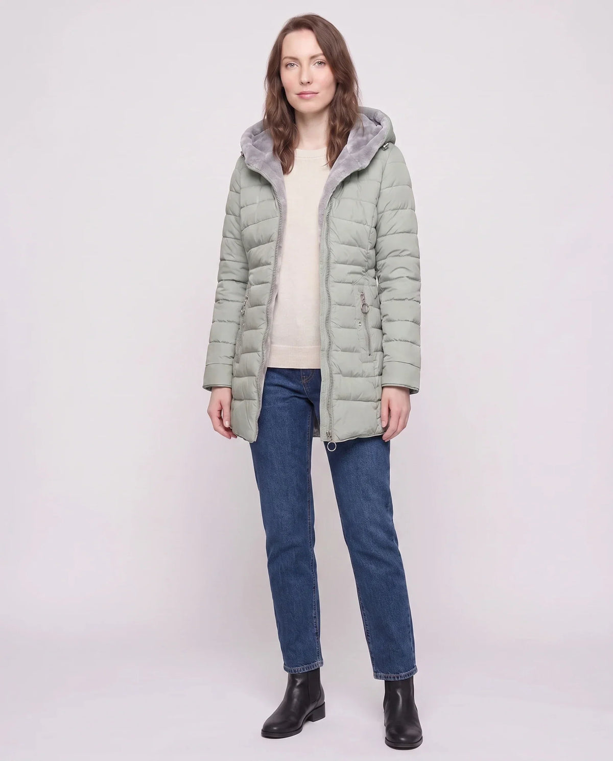 Mid-Length Fleece-Lined Puffer Jacket with Hood