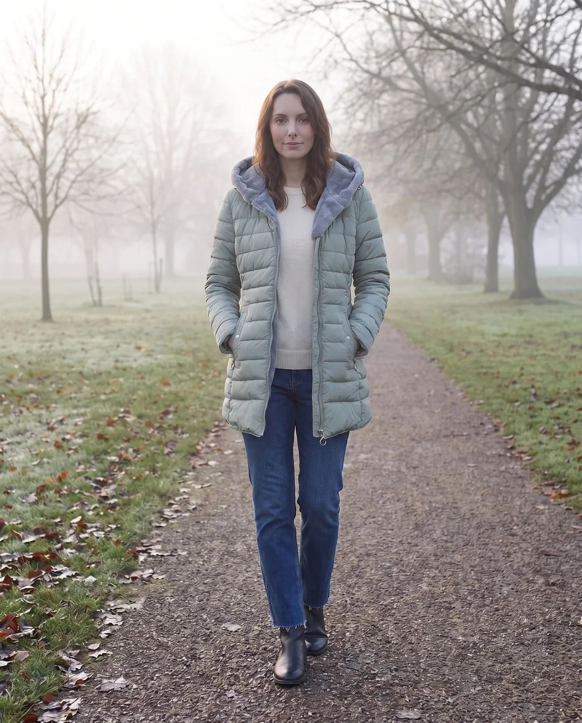 Mid-Length Fleece-Lined Puffer Jacket with Hood