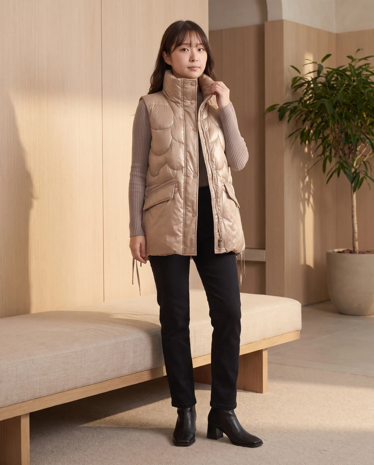 Shiny Puffer Gilet with Funnel Collar