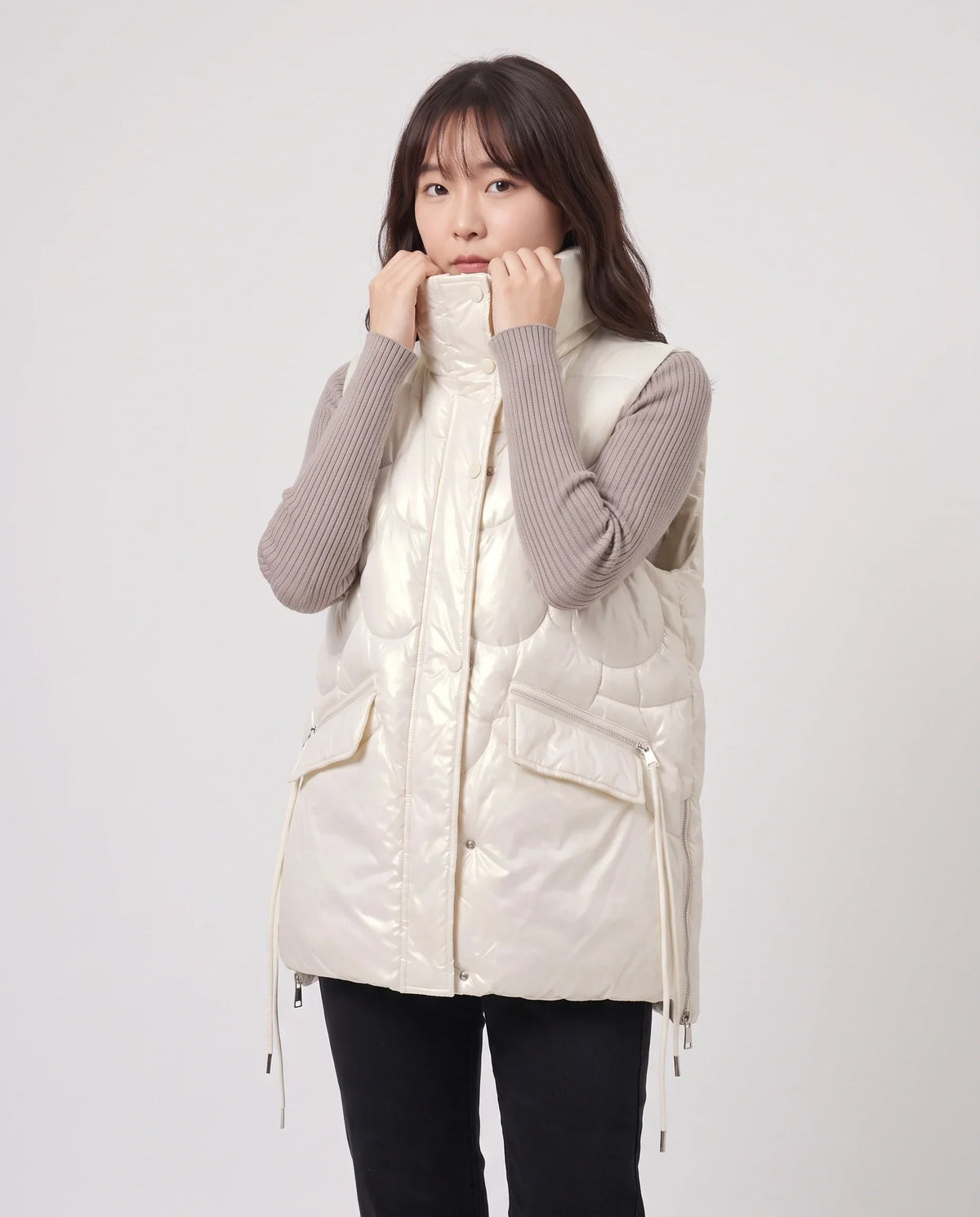 Shiny Puffer Gilet with Funnel Collar