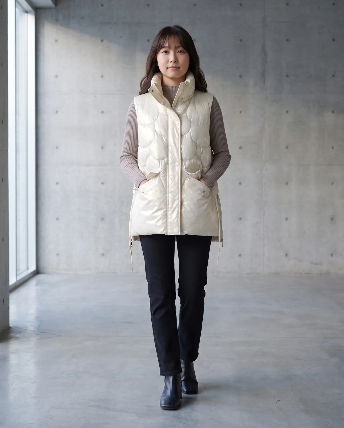 Shiny Puffer Gilet with Funnel Collar