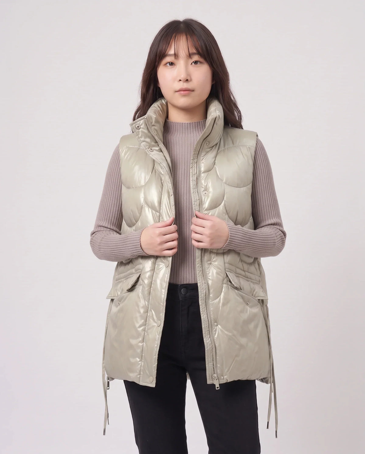 Shiny Puffer Gilet with Funnel Collar