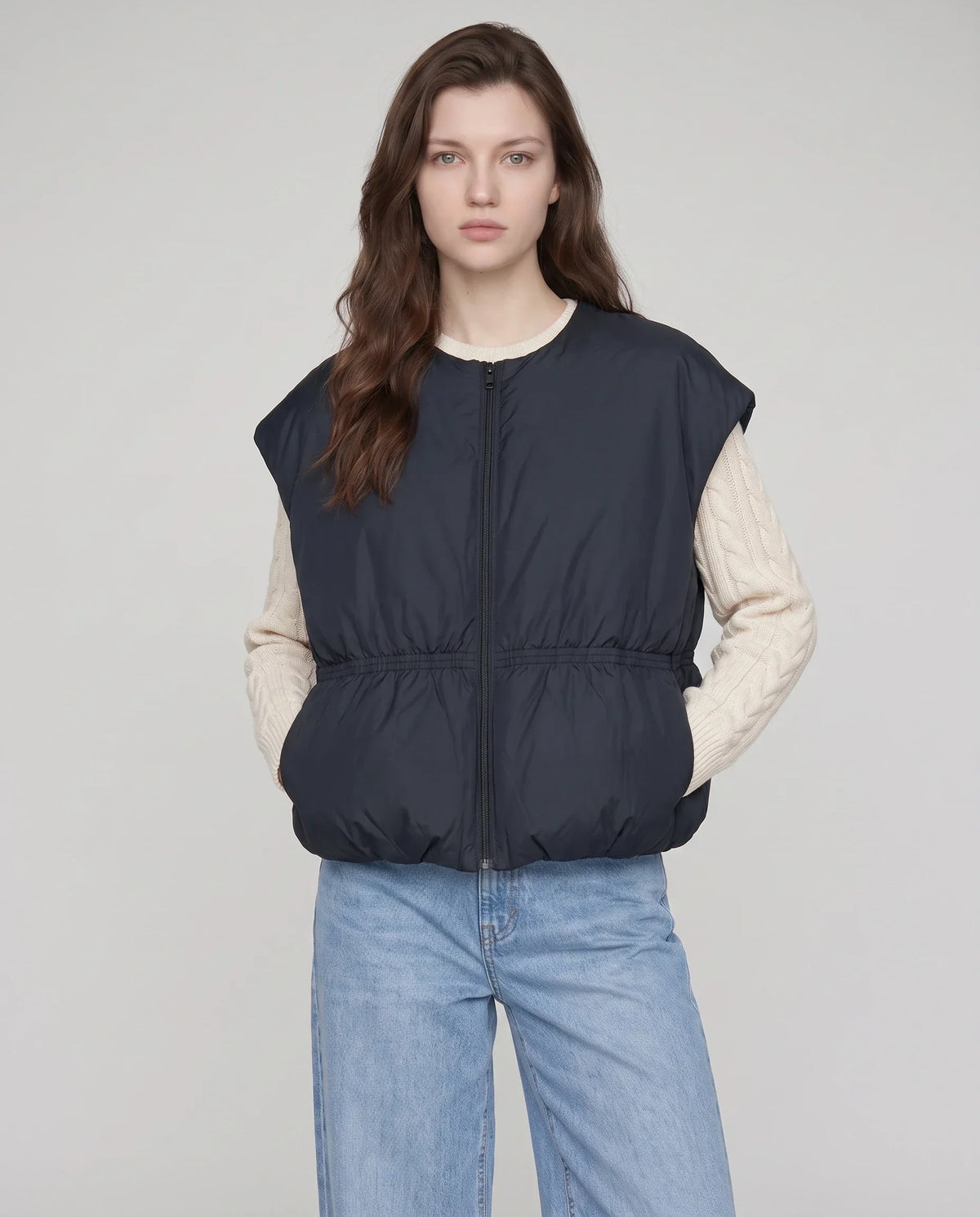 Cocoon Sleeveless Puffer Gilet with Round Neck