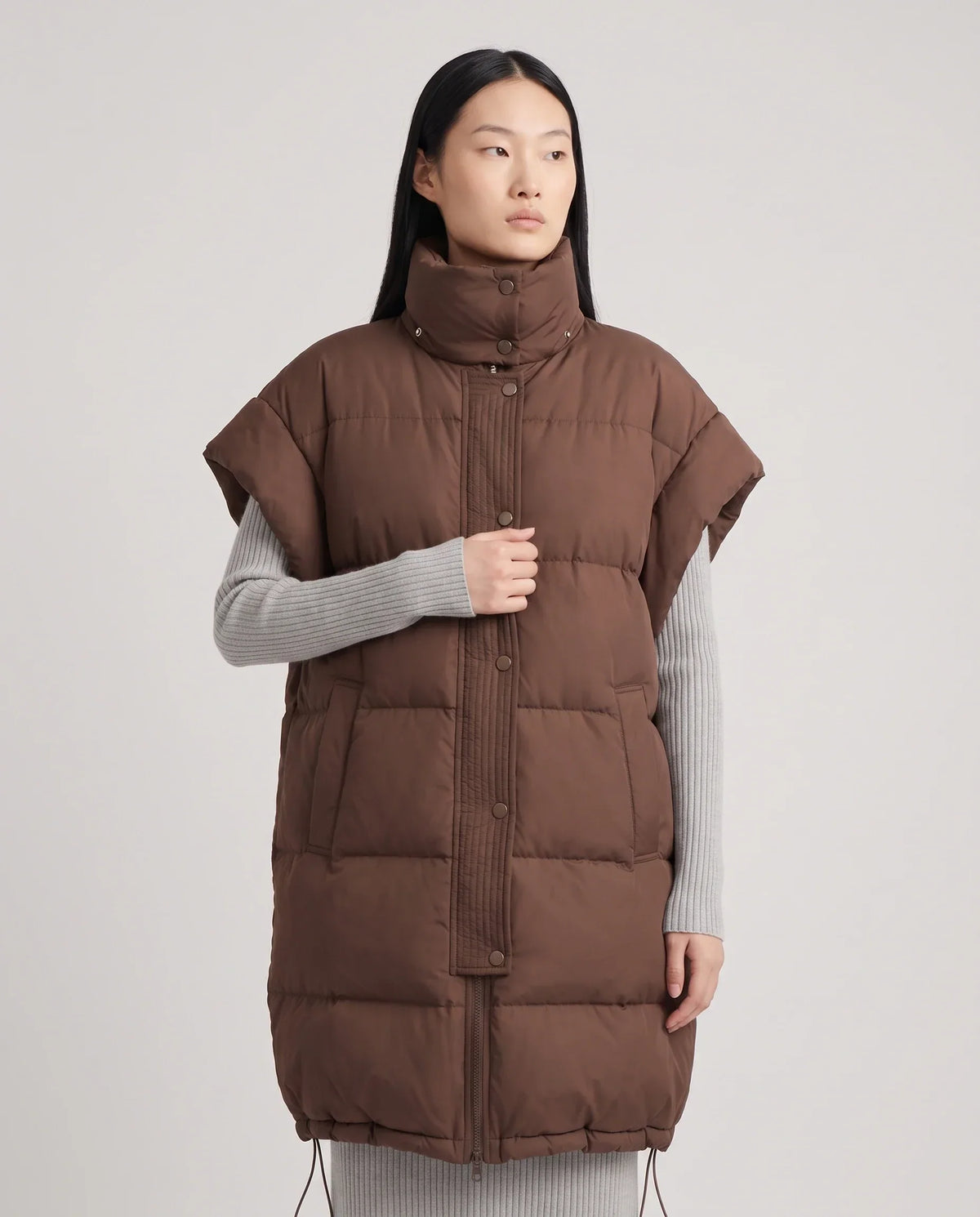 Long Oversized Sleeveless Puffer Gilet with Pleated Placket