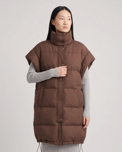 Long Oversized Sleeveless Puffer Gilet with Pleated Placket