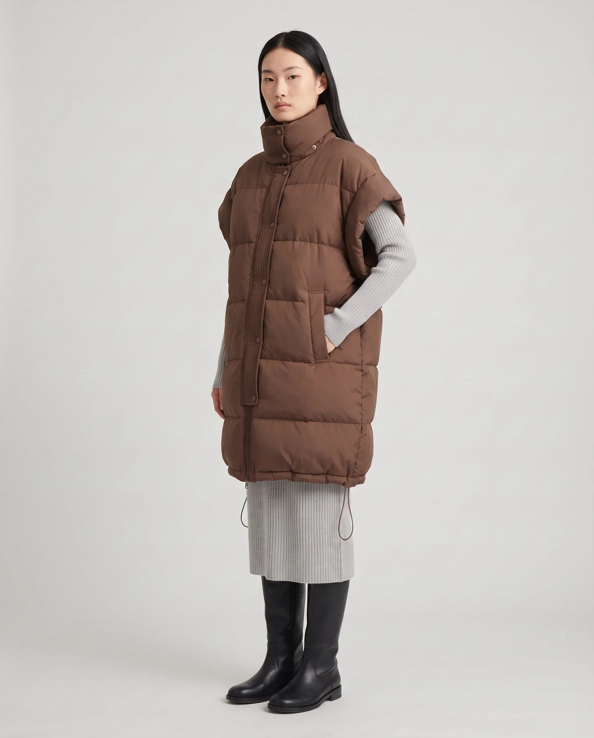 Long Oversized Sleeveless Puffer Gilet with Pleated Placket