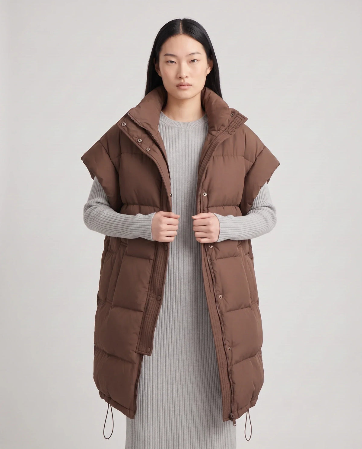 Long Oversized Sleeveless Puffer Gilet with Pleated Placket