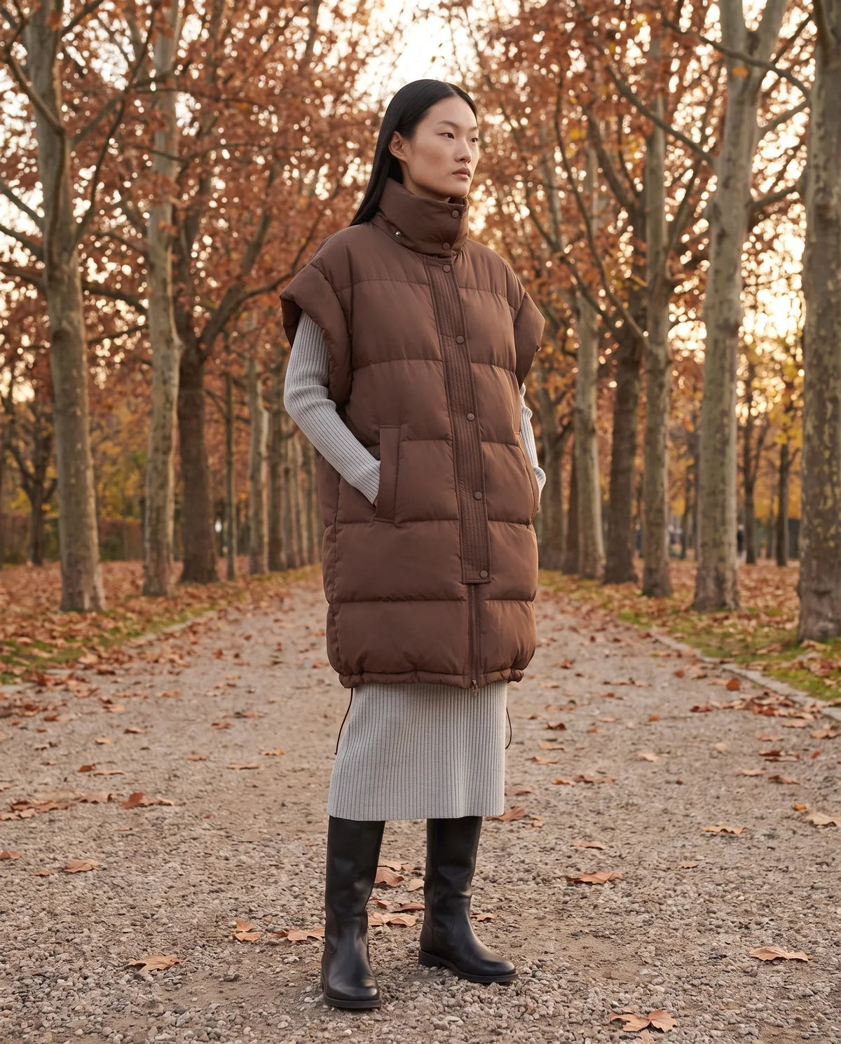 Long Oversized Sleeveless Puffer Gilet with Pleated Placket