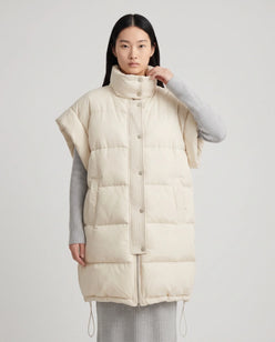 Long Oversized Sleeveless Puffer Gilet with Pleated Placket