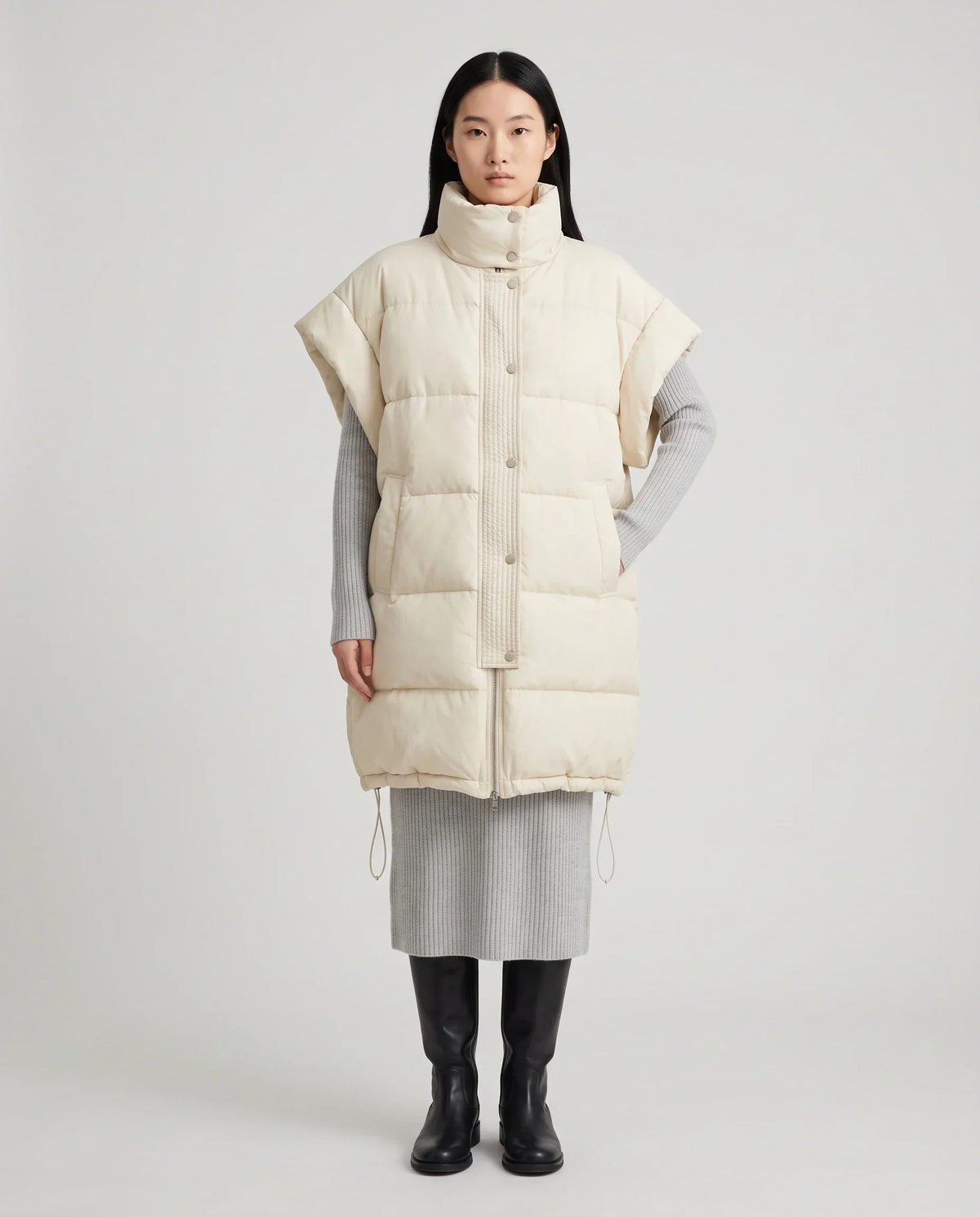 Long Oversized Sleeveless Puffer Gilet with Pleated Placket