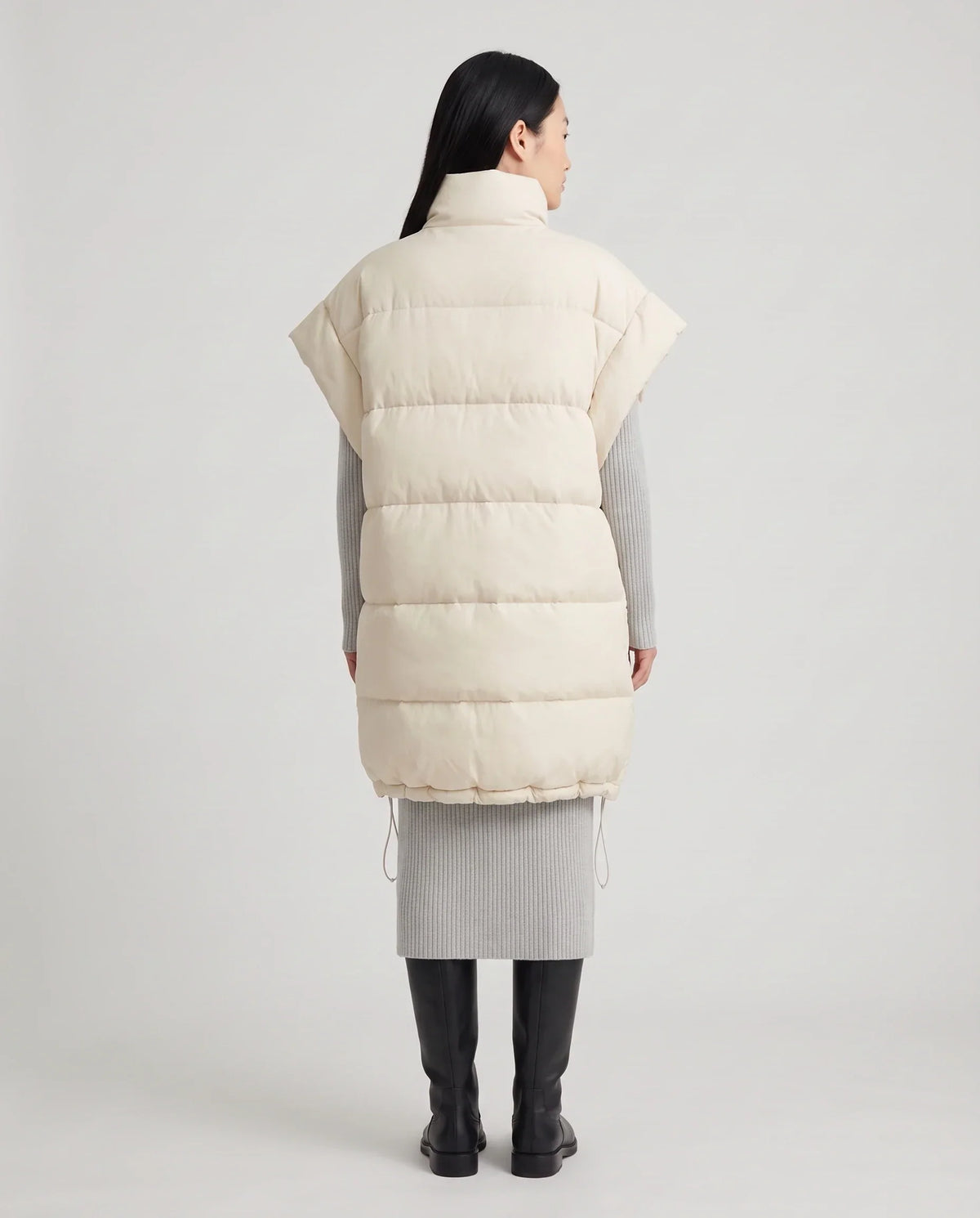 Long Oversized Sleeveless Puffer Gilet with Pleated Placket