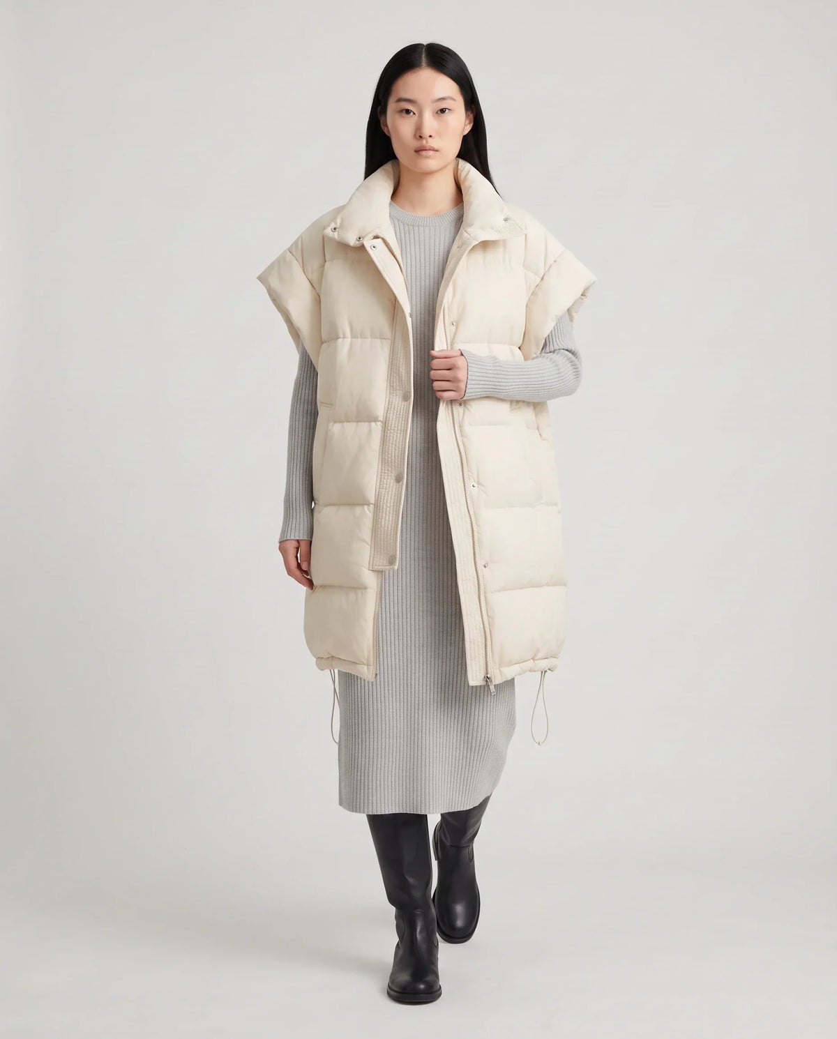 Long Oversized Sleeveless Puffer Gilet with Pleated Placket