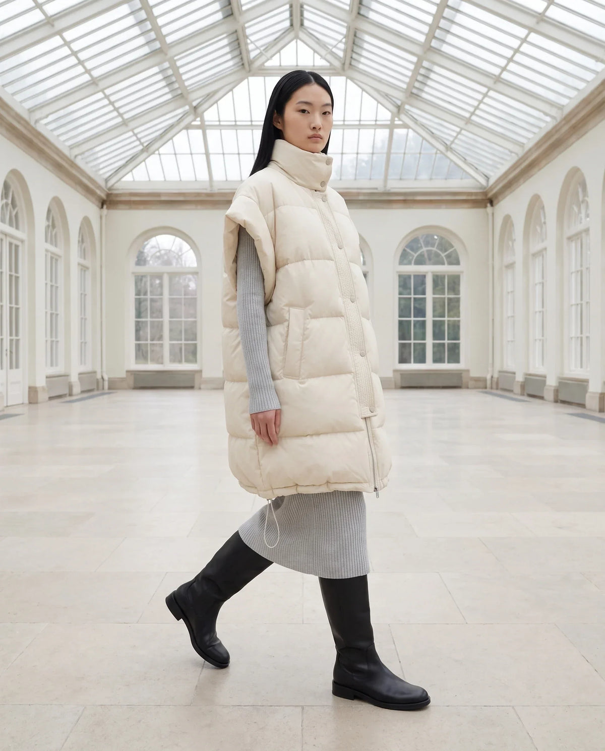 Long Oversized Sleeveless Puffer Gilet with Pleated Placket