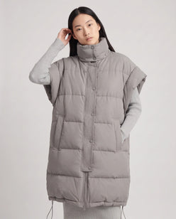 Long Oversized Sleeveless Puffer Gilet with Pleated Placket