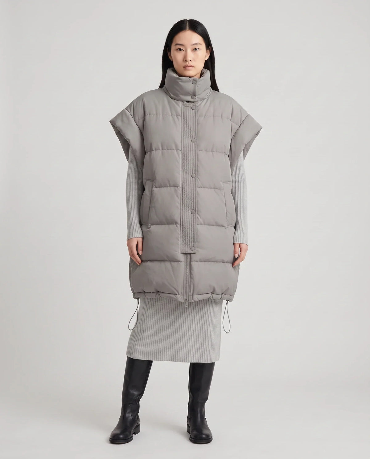 Long Oversized Sleeveless Puffer Gilet with Pleated Placket