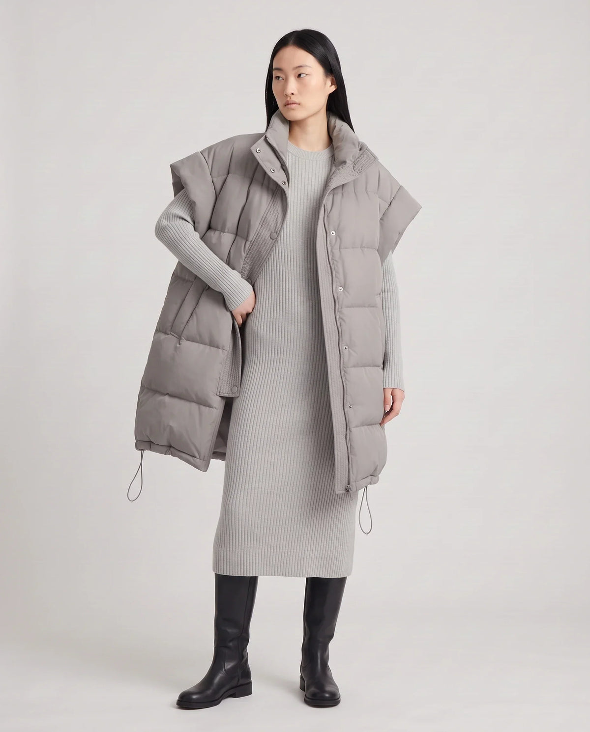 Long Oversized Sleeveless Puffer Gilet with Pleated Placket