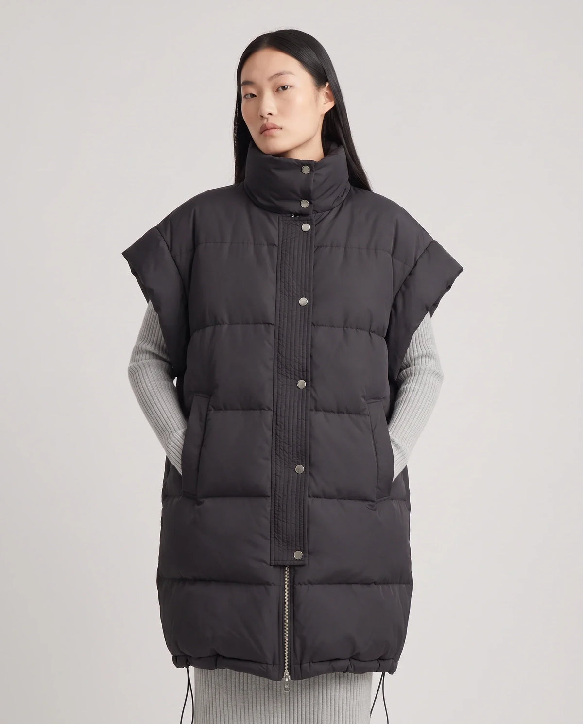 Long Oversized Sleeveless Puffer Gilet with Pleated Placket