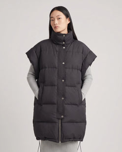 Long Oversized Sleeveless Puffer Gilet with Pleated Placket