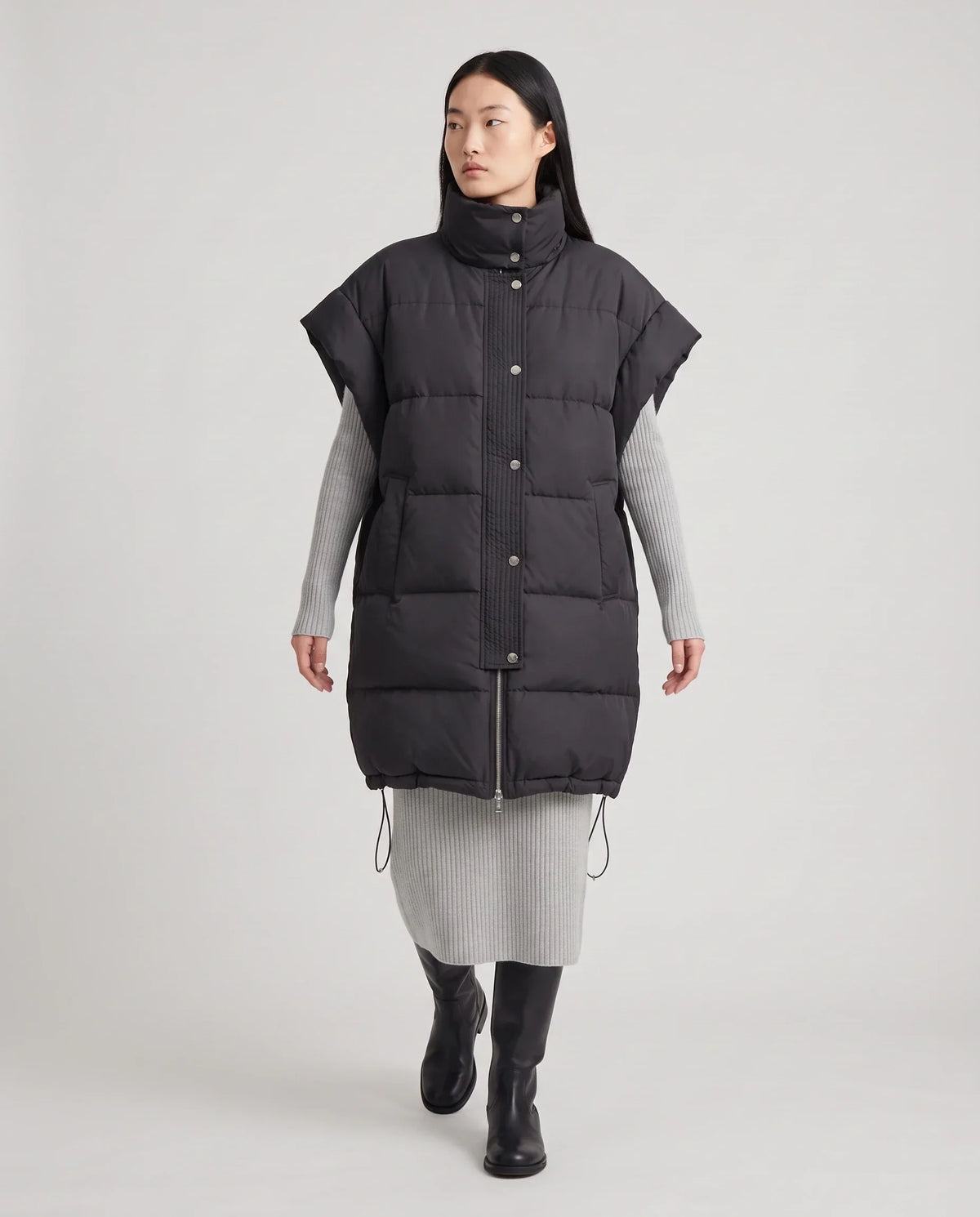 Long Oversized Sleeveless Puffer Gilet with Pleated Placket