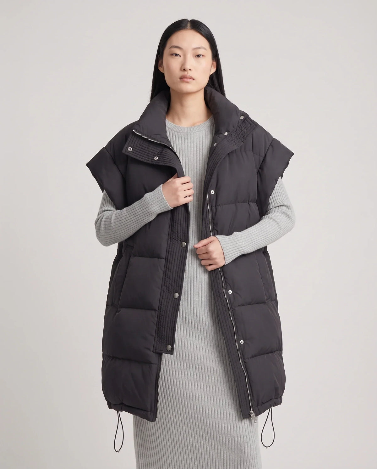 Long Oversized Sleeveless Puffer Gilet with Pleated Placket
