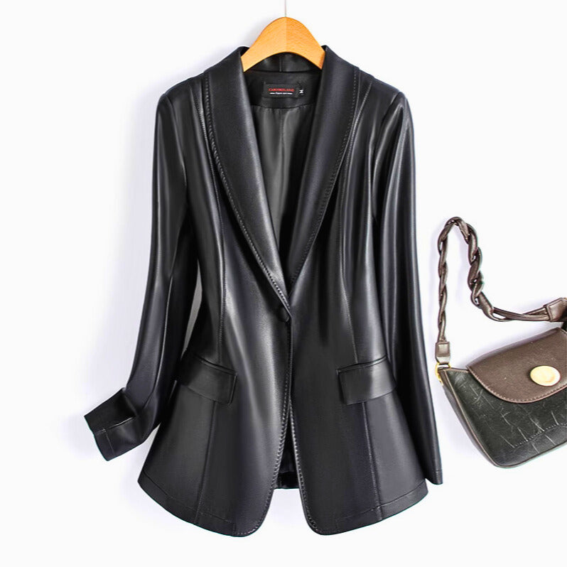 Blazer Faux Leather Longline with Notch Lapel and Single Button